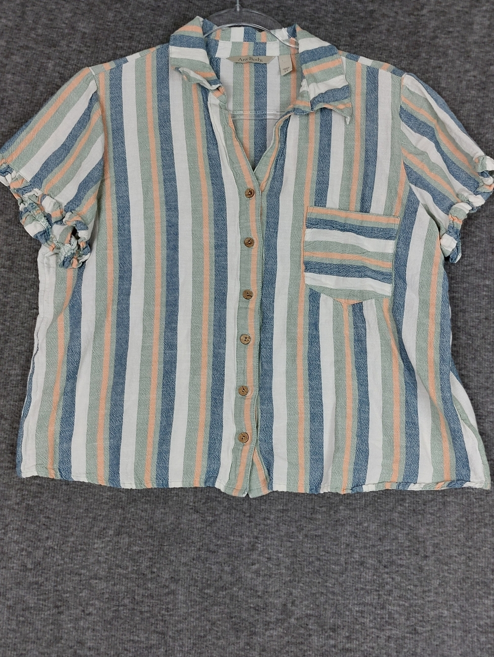 ANY BODY WOMENS MULTICOLOR STRIPE SHORT SLEEVE BUTTON FRONT SUMMER BEACH SHIRT M